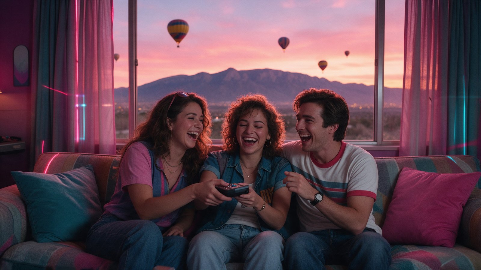 Friends laughing on a retro couch in Albuquerque with a neon sunset behind them